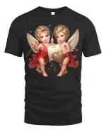 Cute Cherub Angels Love Art Tee Romantic Heart Graphic TShirt - black t-shirt on white background