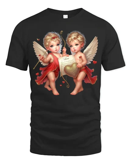Cute Cherub Angels Love Art Tee Romantic Heart Graphic TShirt - black t-shirt on white background