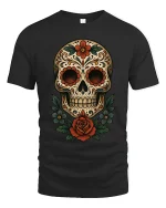 Floral Sugar Skull Art Tee Day Of The Dead Style Graphic TShirt - black t-shirt on white background