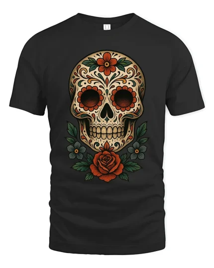 Floral Sugar Skull Art Tee Day Of The Dead Style Graphic TShirt - black t-shirt on white background