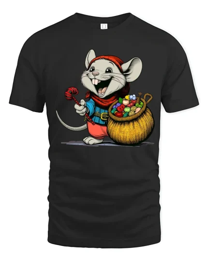Happy Cartoon Mouse Candy Collector Art Tee Cute Graphic TShirt - black t-shirt on white background