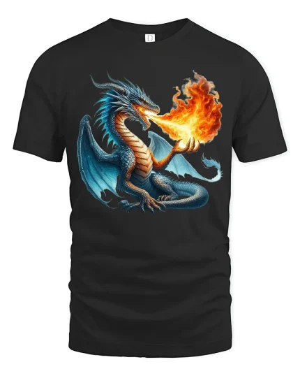 Fire Breathing Dragon Fantasy Art Tee Epic Power Graphic TShirt - black t-shirt on white background