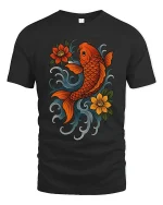 Lucky Koi Fish Floral Art Tee Japanese Style Graphic TShirt - black t-shirt on white background
