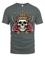 Royal Skull With Crown And Roses Art Tee Bold Graphic TShirt - gray t-shirt on white background