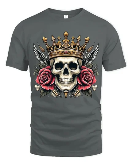 Royal Skull With Crown And Roses Art Tee Bold Graphic TShirt - gray t-shirt on white background