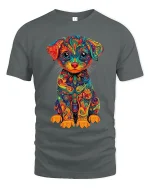 Colorful Psychedelic Puppy Art Tee Cute Rainbow Dog Graphic TShirt - gray t-shirt on white background