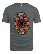 Colorful Mandala Flower Art Tee Sacred Geometry Graphic TShirt - gray t-shirt on white background