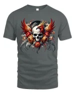 Phoenix Skull Floral Art Tee Dark Fantasy Fire Graphic TShirt - gray t-shirt on white background