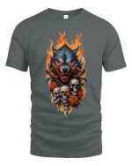 Flaming Wolf Skull Art Tee Dark Predator Graphic TShirt - gray t-shirt on white background