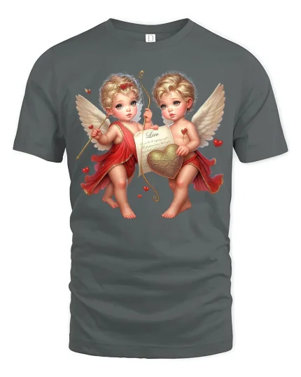Cute Cherub Angels Love Art Tee Romantic Heart Graphic TShirt - gray t-shirt on white background