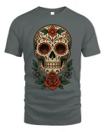 Floral Sugar Skull Art Tee Day Of The Dead Style Graphic TShirt - gray t-shirt on white background