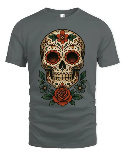 Floral Sugar Skull Art Tee Day Of The Dead Style Graphic TShirt - gray t-shirt on white background
