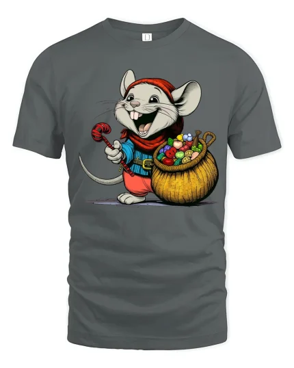Happy Cartoon Mouse Candy Collector Art Tee Cute Graphic TShirt - gray t-shirt on white background