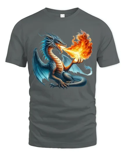 Fire Breathing Dragon Fantasy Art Tee Epic Power Graphic TShirt - gray t-shirt on white background