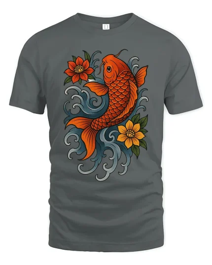 Lucky Koi Fish Floral Art Tee Japanese Style Graphic TShirt - gray t-shirt on white background