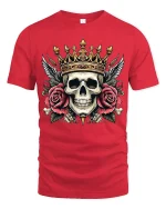 Royal Skull With Crown And Roses Art Tee Bold Graphic TShirt - red t-shirt on white background