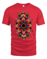 Colorful Mandala Flower Art Tee Sacred Geometry Graphic TShirt - red t-shirt on white background