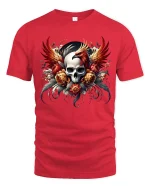 Phoenix Skull Floral Art Tee Dark Fantasy Fire Graphic TShirt - red t-shirt on white background