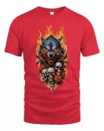 Flaming Wolf Skull Art Tee Dark Predator Graphic TShirt - red t-shirt on white background