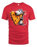 Funny Mouse Hugging Cheese Art Tee Cute Cartoon Graphic TShirt - red t-shirt on white background