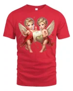 Cute Cherub Angels Love Art Tee Romantic Heart Graphic TShirt - red t-shirt on white background