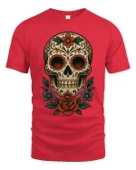Floral Sugar Skull Art Tee Day Of The Dead Style Graphic TShirt - red t-shirt on white background