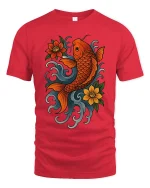 Lucky Koi Fish Floral Art Tee Japanese Style Graphic TShirt - red t-shirt on white background