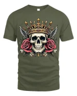Royal Skull With Crown And Roses Art Tee Bold Graphic TShirt - military green t-shirt on white background
