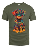 Colorful Psychedelic Puppy Art Tee Cute Rainbow Dog Graphic TShirt - military green t-shirt on white background