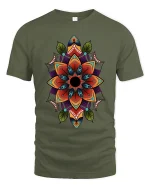 Colorful Mandala Flower Art Tee Sacred Geometry Graphic TShirt - military green t-shirt on white background