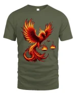 Flaming Phoenix Balance Art Tee Fire Bird Symbol Graphic TShirt - military green t-shirt on white background