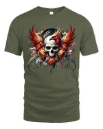 Phoenix Skull Floral Art Tee Dark Fantasy Fire Graphic TShirt - military green t-shirt on white background