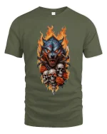 Flaming Wolf Skull Art Tee Dark Predator Graphic TShirt - military green t-shirt on white background