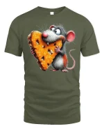 Funny Mouse Hugging Cheese Art Tee Cute Cartoon Graphic TShirt - military green t-shirt on white background