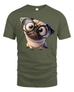 Funny Nerd Pug With Glasses Tee Cute Dog Cartoon Graphic TShirt - military green t-shirt on white background