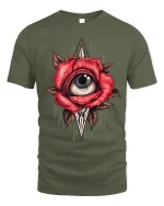 Mystic Rose Eye Surreal Art Tee Dark Symbolic Graphic TShirt - military green t-shirt on white background