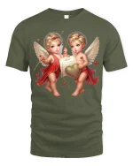 Cute Cherub Angels Love Art Tee Romantic Heart Graphic TShirt - military green t-shirt on white background