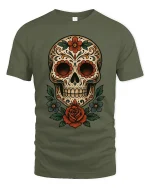 Floral Sugar Skull Art Tee Day Of The Dead Style Graphic TShirt - military green t-shirt on white background