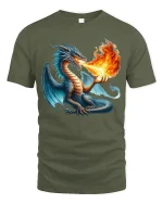 Fire Breathing Dragon Fantasy Art Tee Epic Power Graphic TShirt - military green t-shirt on white background