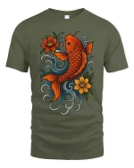 Lucky Koi Fish Floral Art Tee Japanese Style Graphic TShirt - military green t-shirt on white background