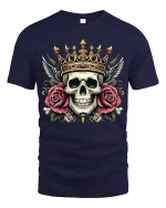 Royal Skull With Crown And Roses Art Tee Bold Graphic TShirt - navy t-shirt on white background