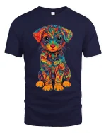 Colorful Psychedelic Puppy Art Tee Cute Rainbow Dog Graphic TShirt - navy t-shirt on white background