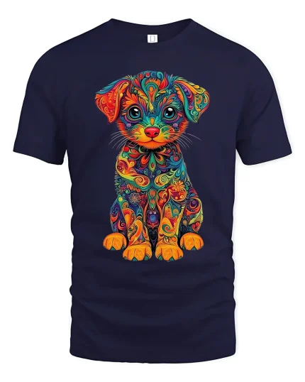 Colorful Psychedelic Puppy Art Tee Cute Rainbow Dog Graphic TShirt - navy t-shirt on white background