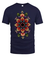 Colorful Mandala Flower Art Tee Sacred Geometry Graphic TShirt - navy t-shirt on white background