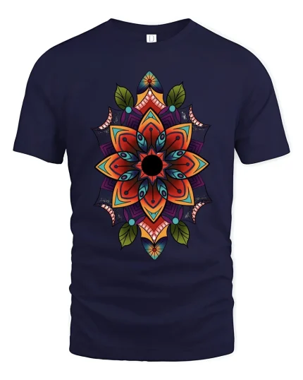 Colorful Mandala Flower Art Tee Sacred Geometry Graphic TShirt - navy t-shirt on white background