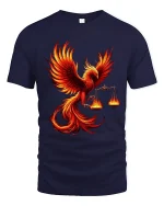 Flaming Phoenix Balance Art Tee Fire Bird Symbol Graphic TShirt - navy t-shirt on white background