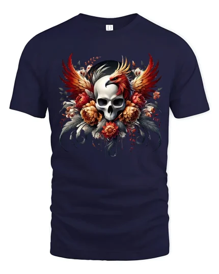 Phoenix Skull Floral Art Tee Dark Fantasy Fire Graphic TShirt - navy t-shirt on white background