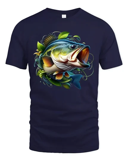 Aggressive Bass Fish Nature Art Tee Bold Fishing Graphic TShirt - navy t-shirt on white background