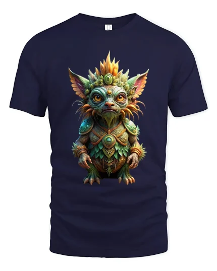 Mystical Forest Creature Guardian Art Tee Fantasy Graphic TShirt - navy t-shirt on white background