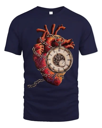 Surreal Anatomical Heart Clock Art Tee Time And Life Graphic TShirt - navy t-shirt on white background
